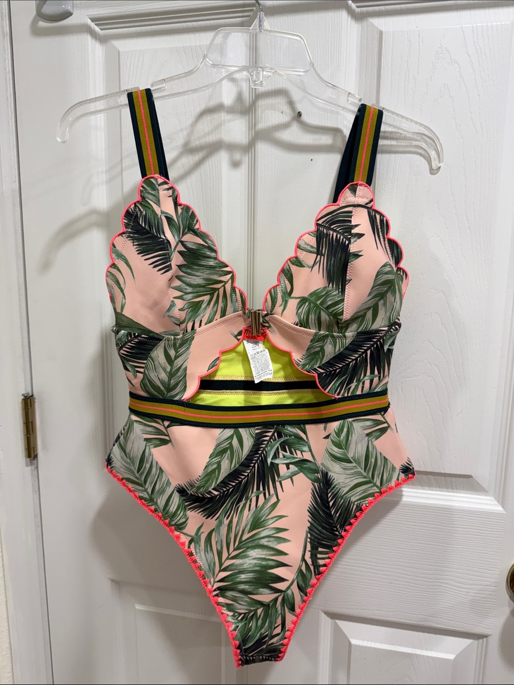 River island RI Resort Pink Tropical Leaf One-Piece Swimsuit w/ Neon trim